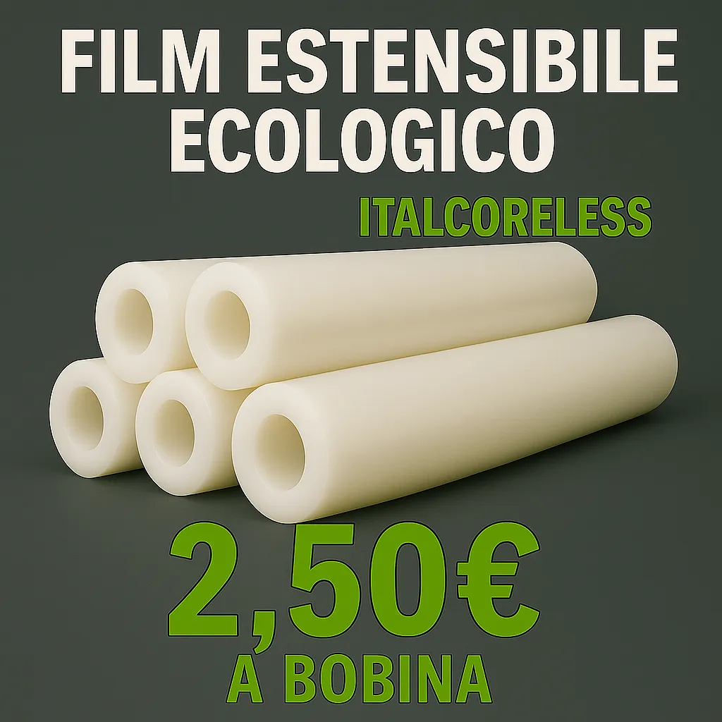 Film estensibile ecologico senza mandrino, 160 metri, 23 micron, ideale per imballaggi sostenibili